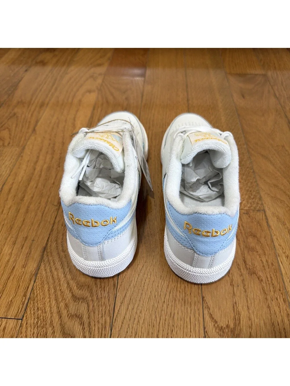 Size 6 US women’s Reebok Club C Revenge Sneakers White Light Blue Gold Leather
